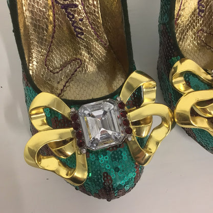 Irregular Choice Green Sequinned Heels w/Diamante Bows Size 6 UK