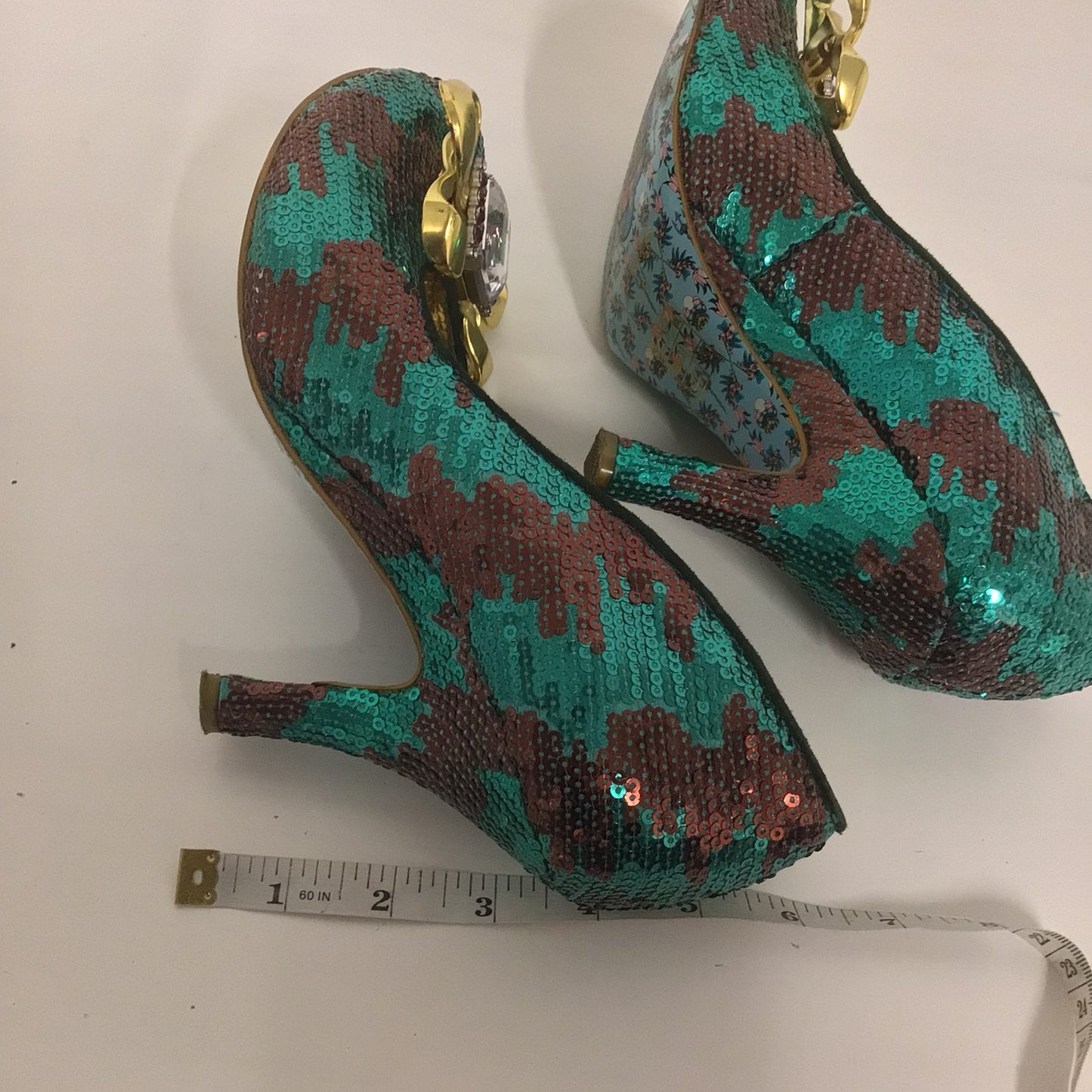 Irregular Choice Green Sequinned Heels w/Diamante Bows Size 6 UK