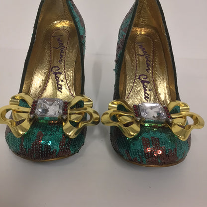 Irregular Choice Green Sequinned Heels w/Diamante Bows Size 6 UK