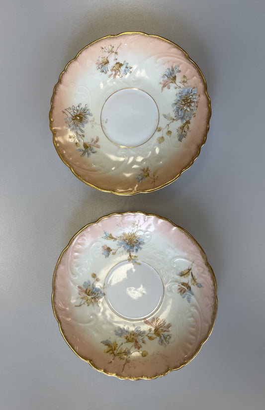 2 Vintage Springer & Co Elbogen Cream & Peach Floral Embossed Gilt Edged Tea Saucers