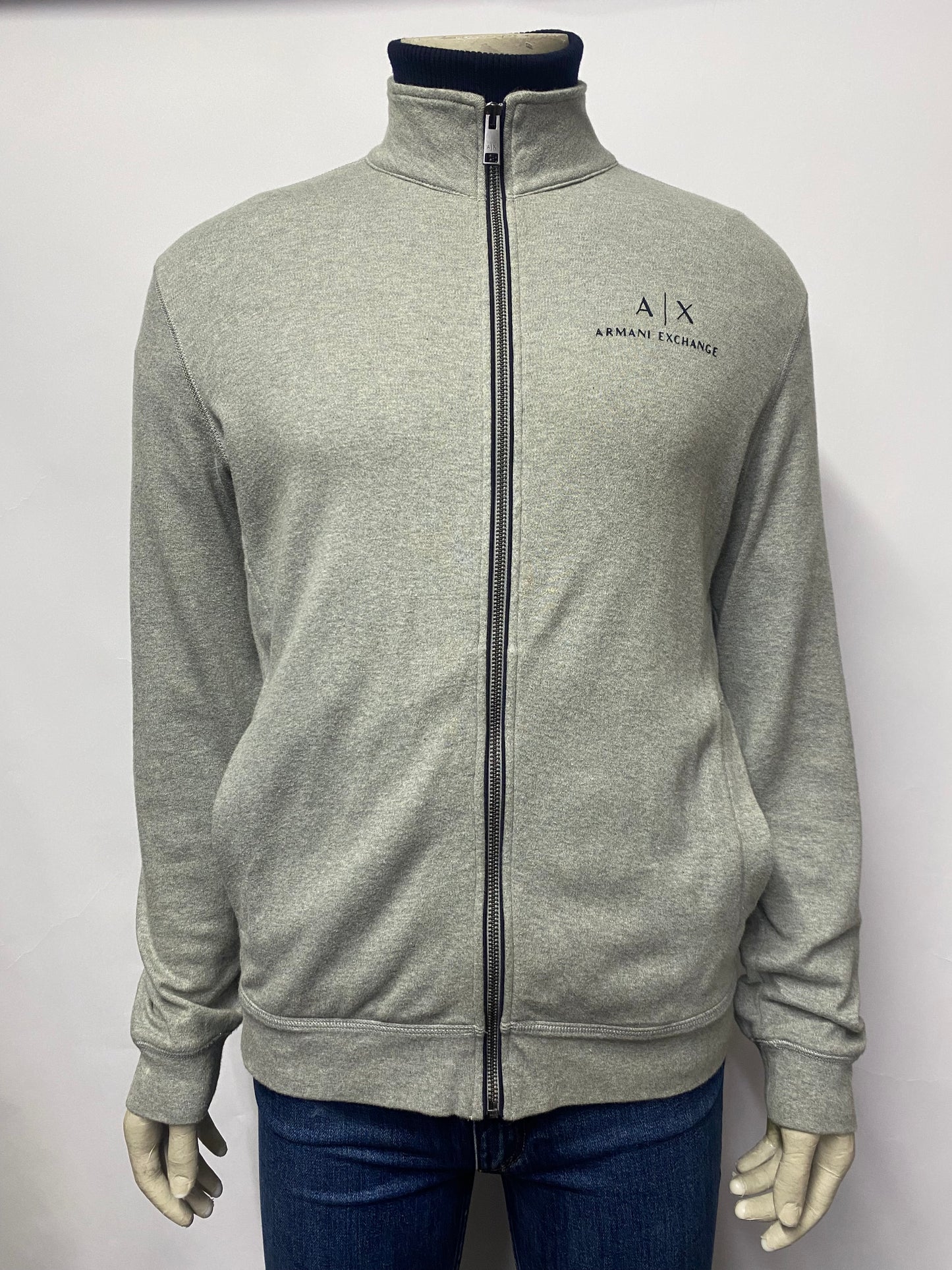 Armani Exchange Grey Cotton High Neck Zip Through Sweater Medium