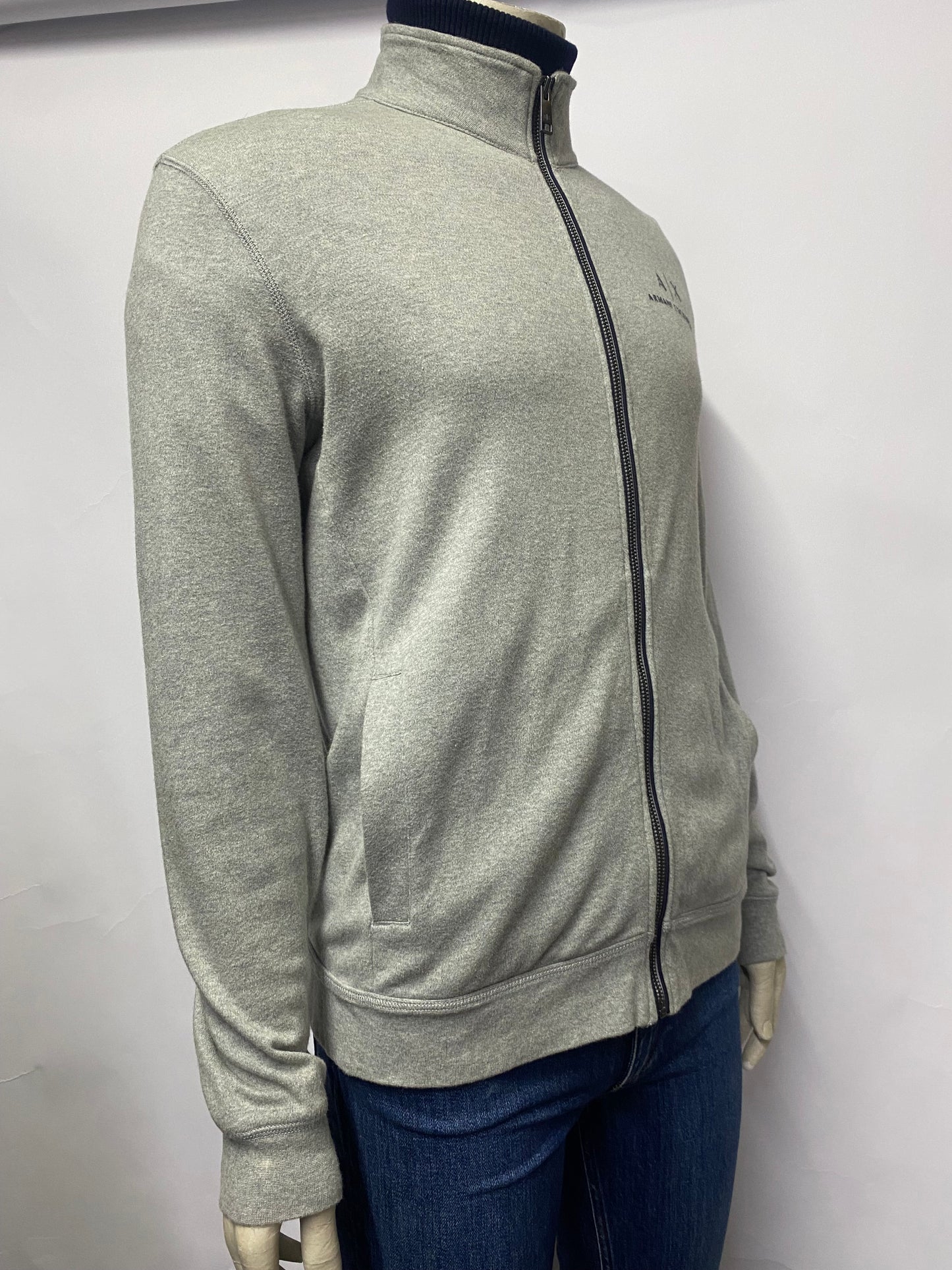 Armani Exchange Grey Cotton High Neck Zip Through Sweater Medium