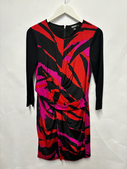 DKNY Black, Red and Purple Silk Long Sleeve Dress Small/10