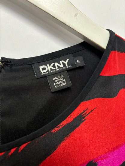 DKNY Black, Red and Purple Silk Long Sleeve Dress Small/10