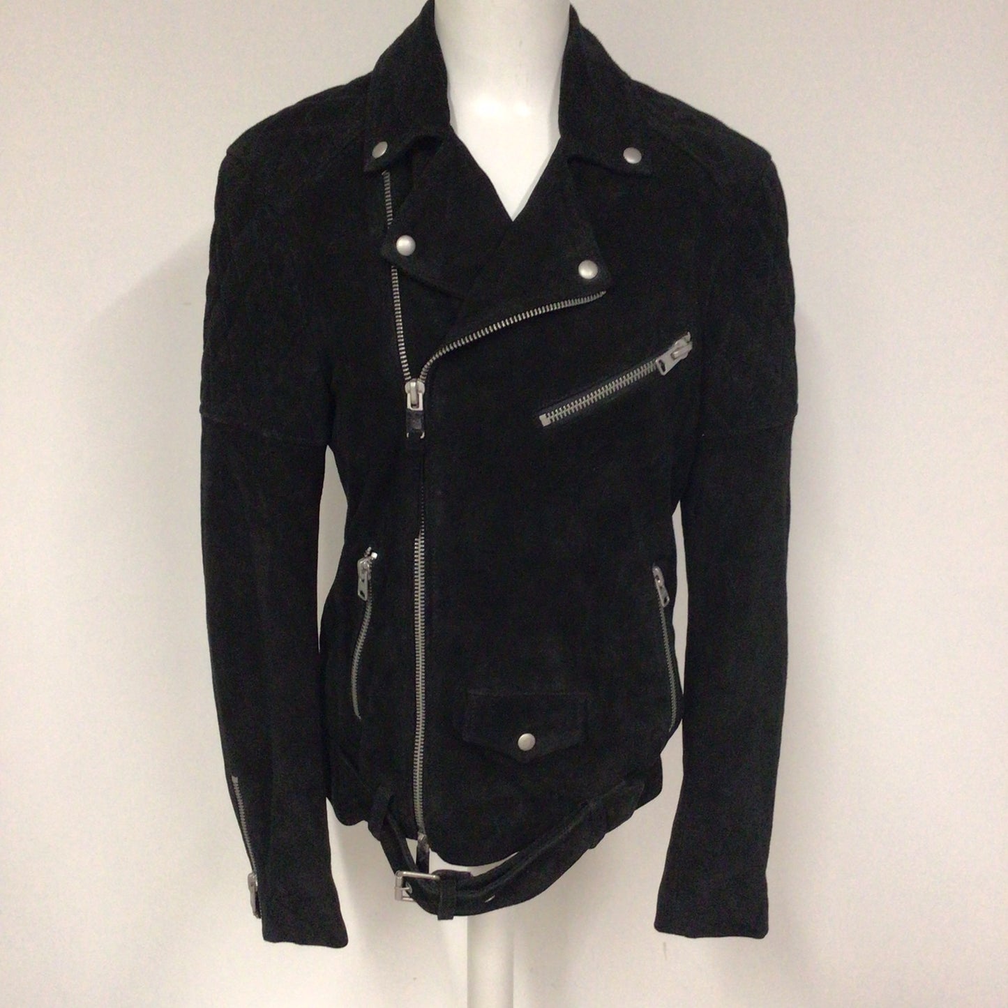 AllSaints Black Suede Leather Bonson Biker Jacket w/Quilter Shoulder Size XS