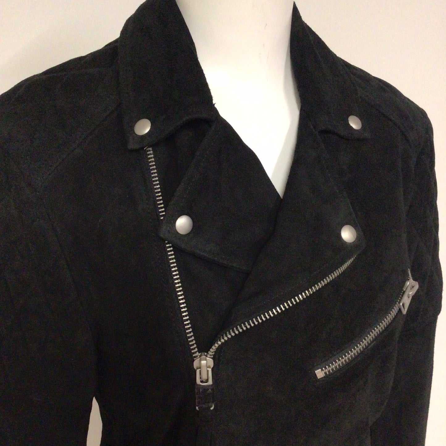 AllSaints Black Suede Leather Bonson Biker Jacket w/Quilter Shoulder Size XS