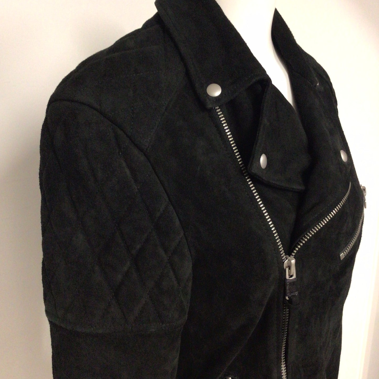 AllSaints Black Suede Leather Bonson Biker Jacket w/Quilter Shoulder Size XS