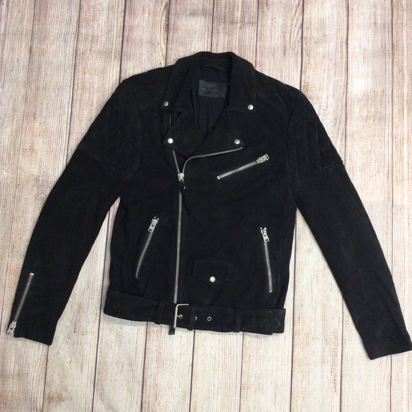 AllSaints Black Suede Leather Bonson Biker Jacket w/Quilter Shoulder Size XS