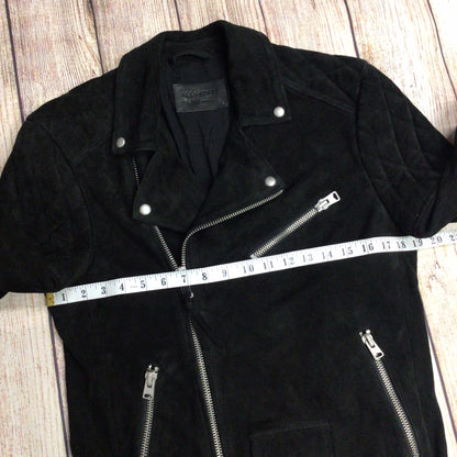 AllSaints Black Suede Leather Bonson Biker Jacket w/Quilter Shoulder Size XS