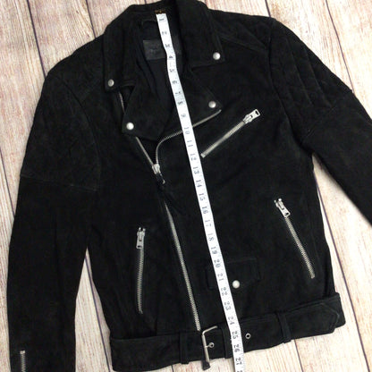 AllSaints Black Suede Leather Bonson Biker Jacket w/Quilter Shoulder Size XS