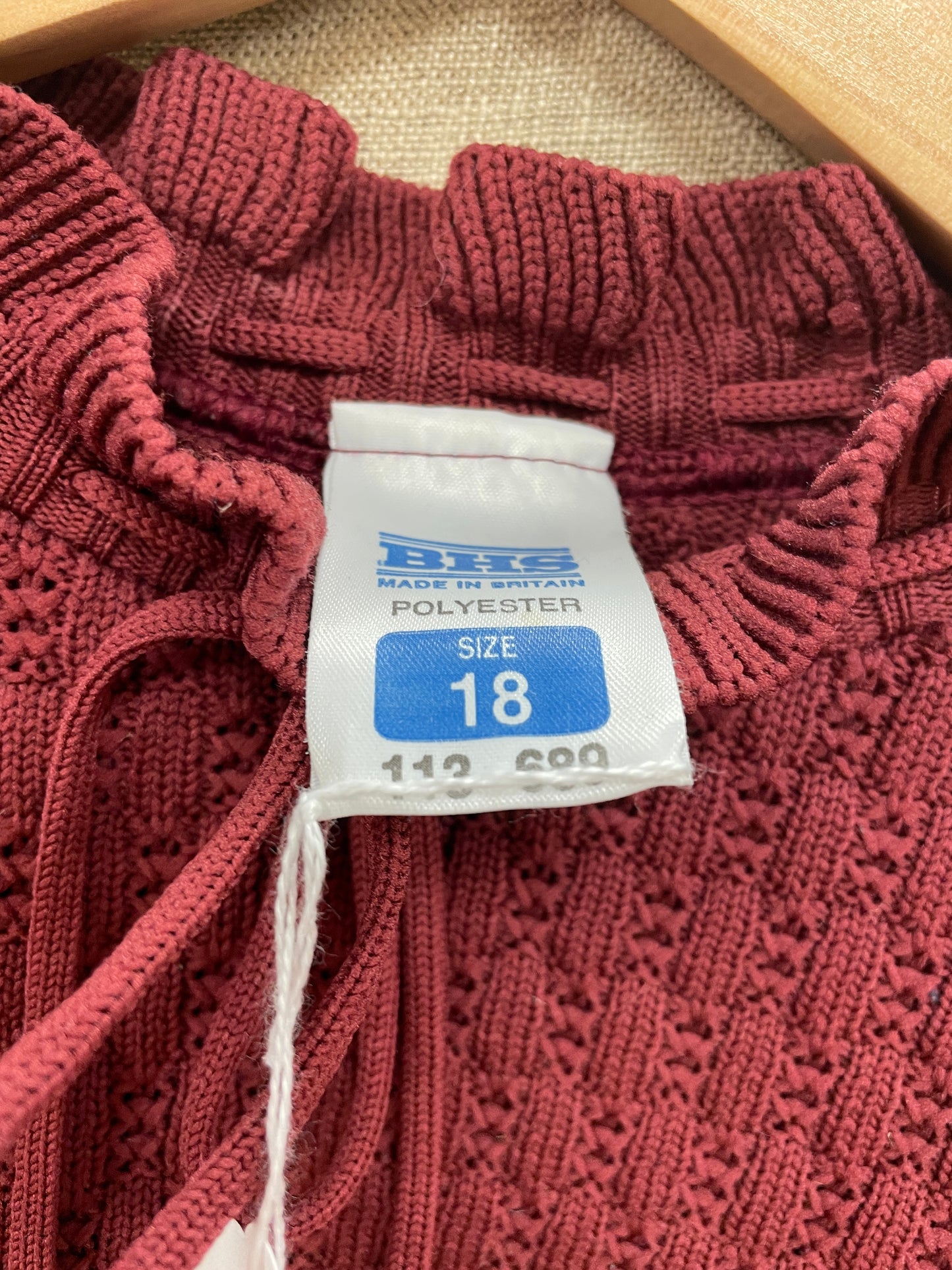 BHS Vintage 1980s Burgundy Maroon Red Tie Neck Jumper 18
