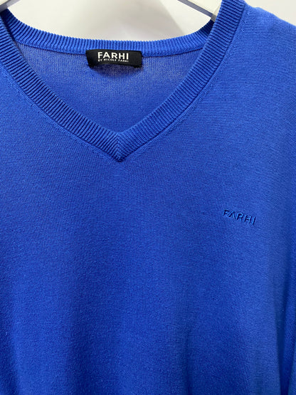 Farhi Blue Cotton V-neck Pull Over Sweater Large