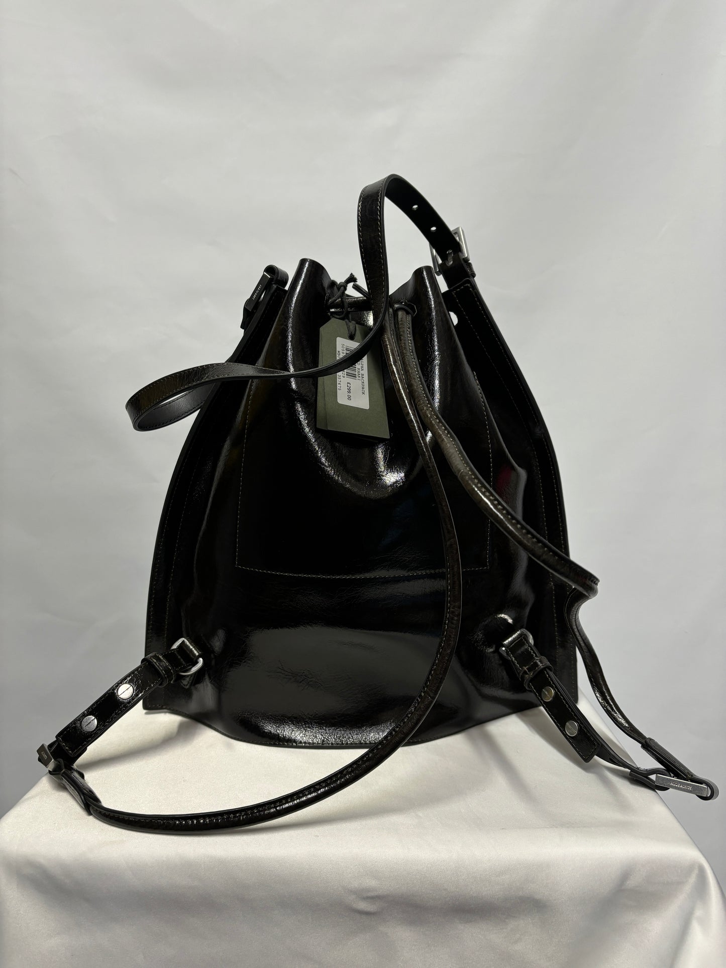 AllSaints Black Patent Leather Alpha Backpack BNWT