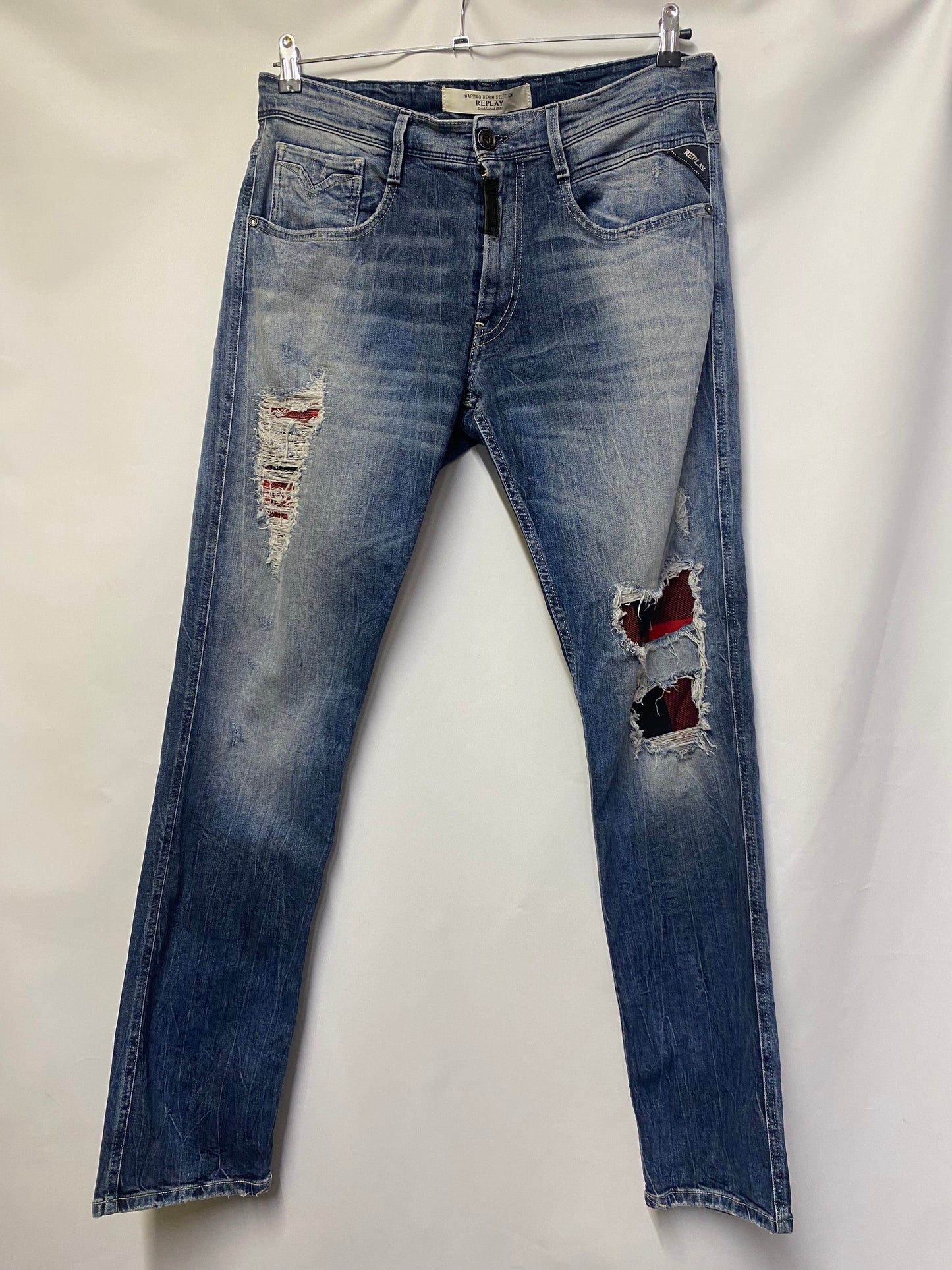 Replay Jeans Maestro Denim Blue Ripped Tartan W36