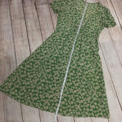 Kew Green Floral Summer Tea Dress 100% Silk Size 8