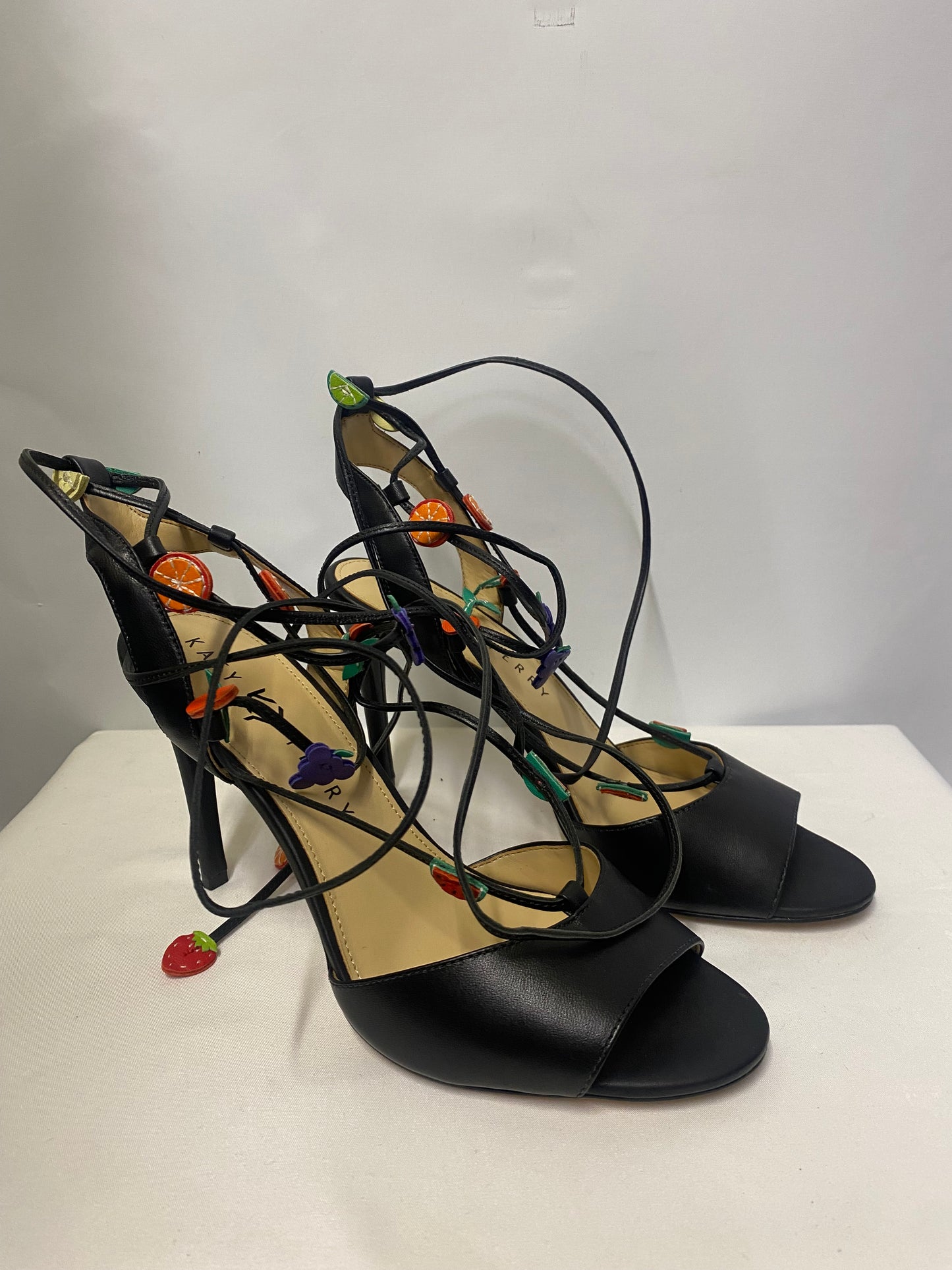 Katy Perry Carmer Nappa Black Fruit Strappy Heels UK 6