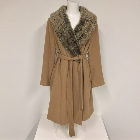 Biba Beige Faux Fur Neck Wrap Wool & Cashmere Blend Coat Size 18