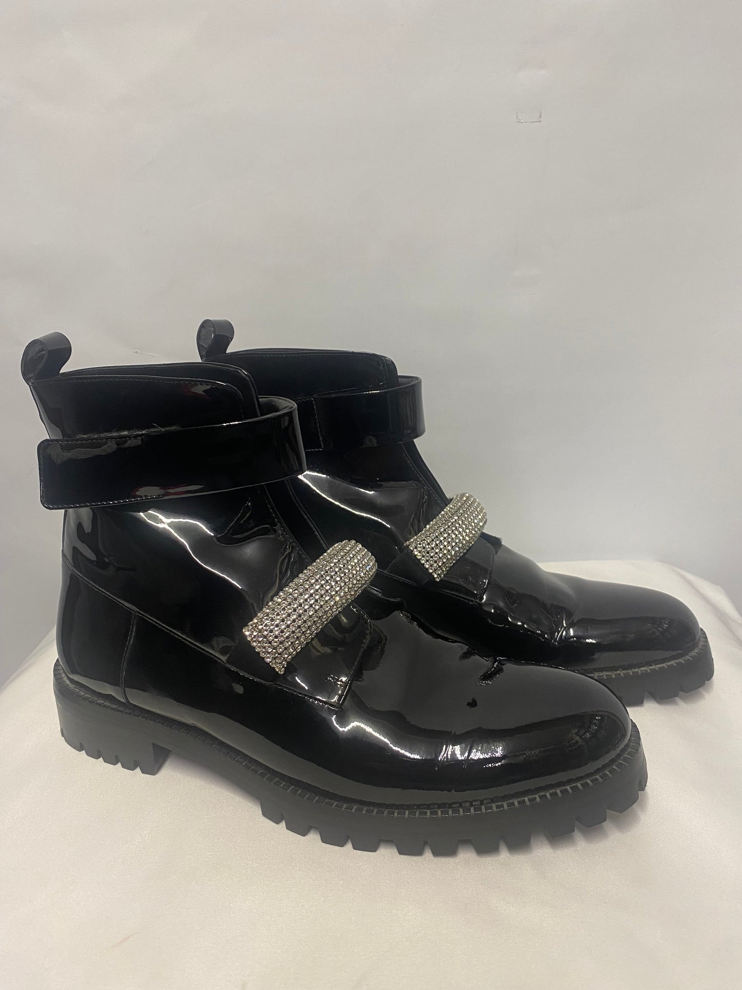 Christopher Kane Black Patent Biker Boots with Crystal Strap 41/8