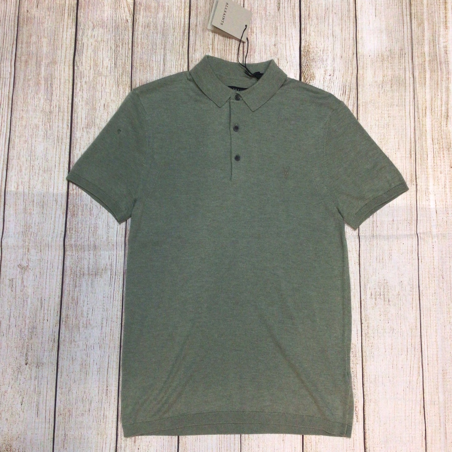 BNWT AllSaints Green Marl Nomo Short Sleeve Polo Knit Top Size XS (hole in shoulder)