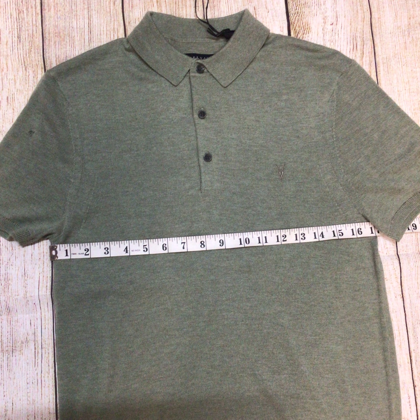 BNWT AllSaints Green Marl Nomo Short Sleeve Polo Knit Top Size XS (hole in shoulder)