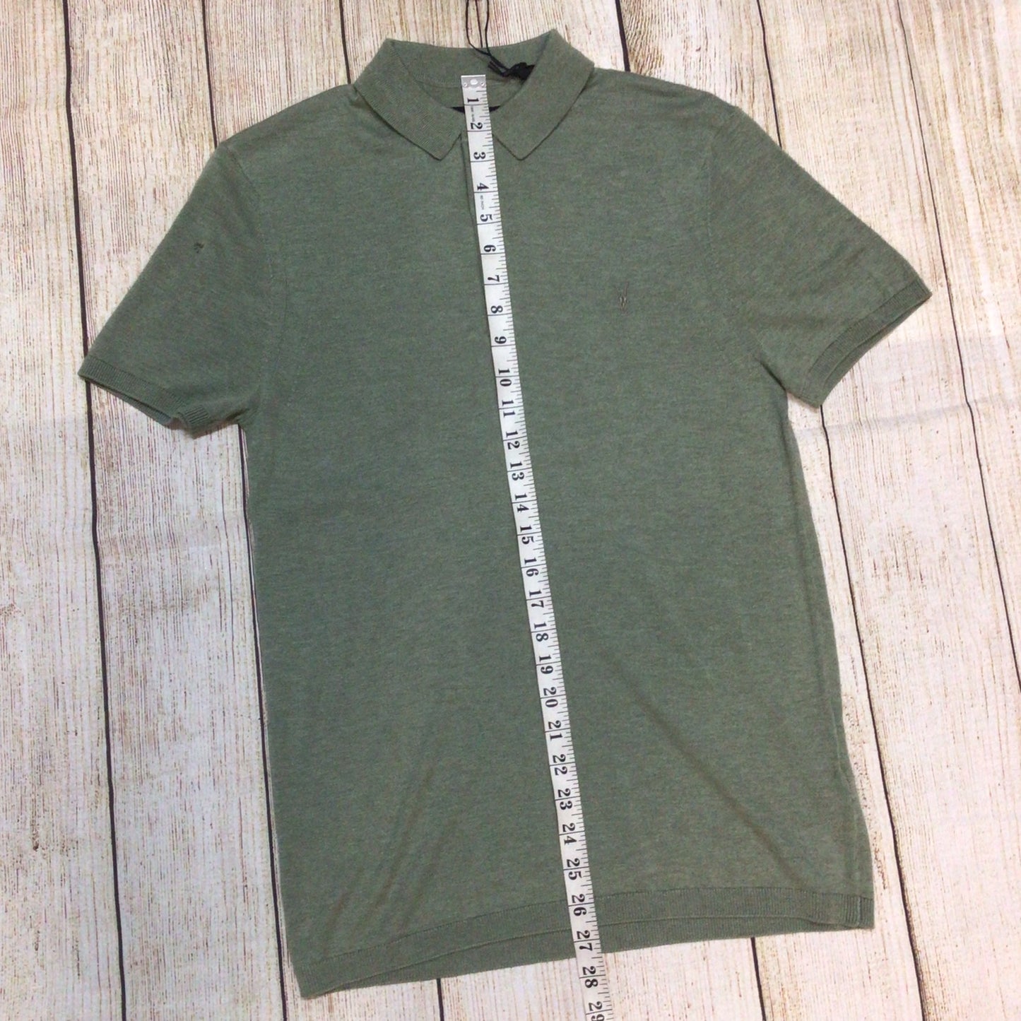 BNWT AllSaints Green Marl Nomo Short Sleeve Polo Knit Top Size XS (hole in shoulder)