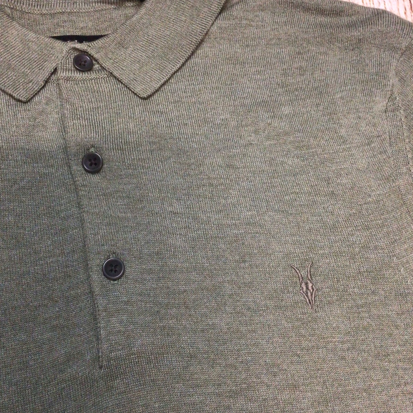 BNWT AllSaints Green Marl Nomo Short Sleeve Polo Knit Top Size XS (hole in shoulder)