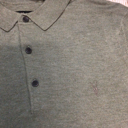 BNWT AllSaints Green Marl Nomo Short Sleeve Polo Knit Top Size XS (hole in shoulder)
