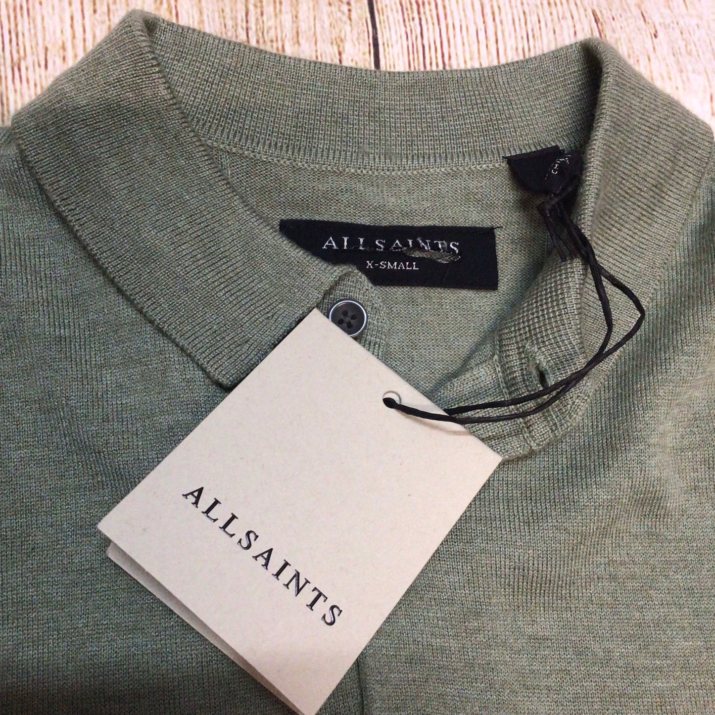 BNWT AllSaints Green Marl Nomo Short Sleeve Polo Knit Top Size XS (hole in shoulder)
