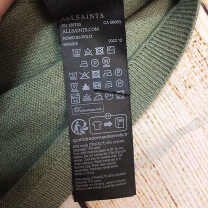 BNWT AllSaints Green Marl Nomo Short Sleeve Polo Knit Top Size XS (hole in shoulder)
