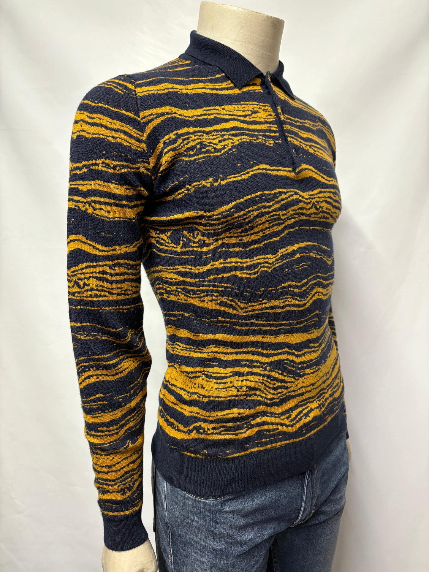 John Smedly Blue and Yellow Knitted Polo Shirt Small