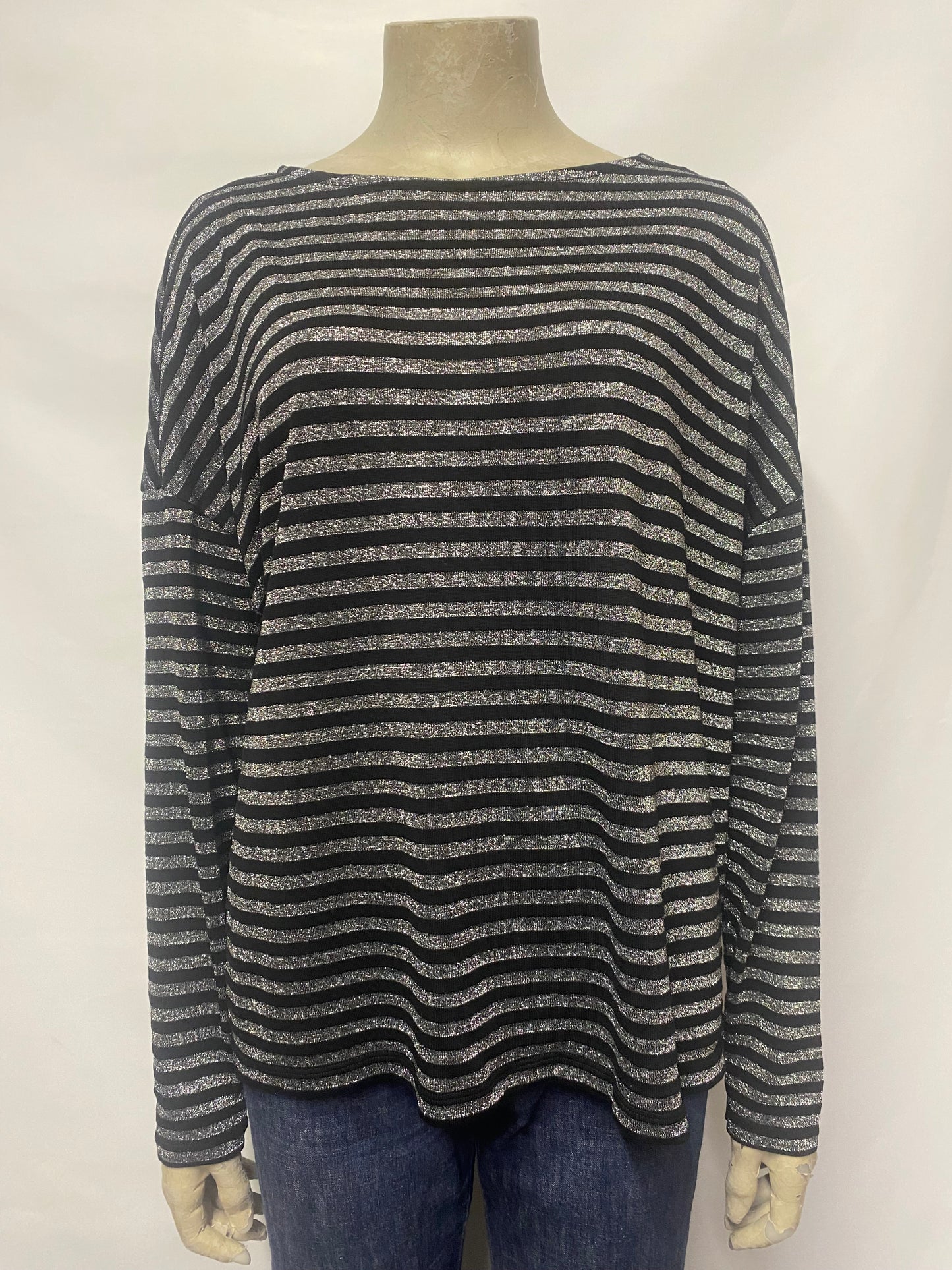 AllSaints Black and Silver Stripe Long Sleeve Top Size M