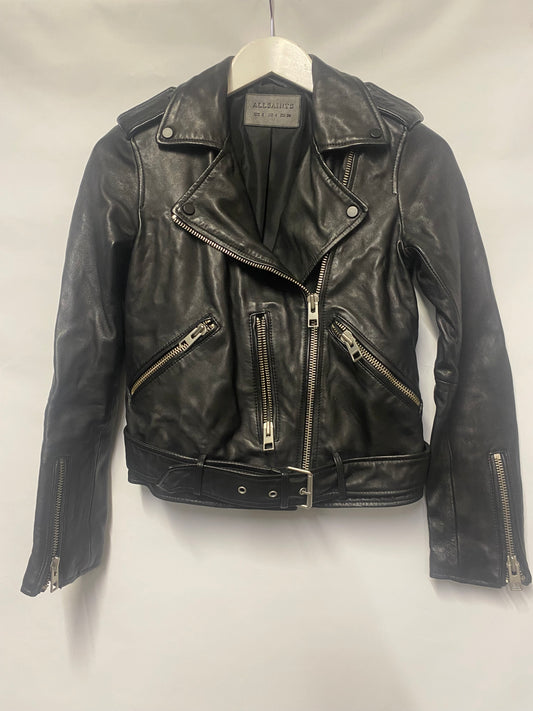 AllSaints Classic Black Leather Biker Jacket Size 8