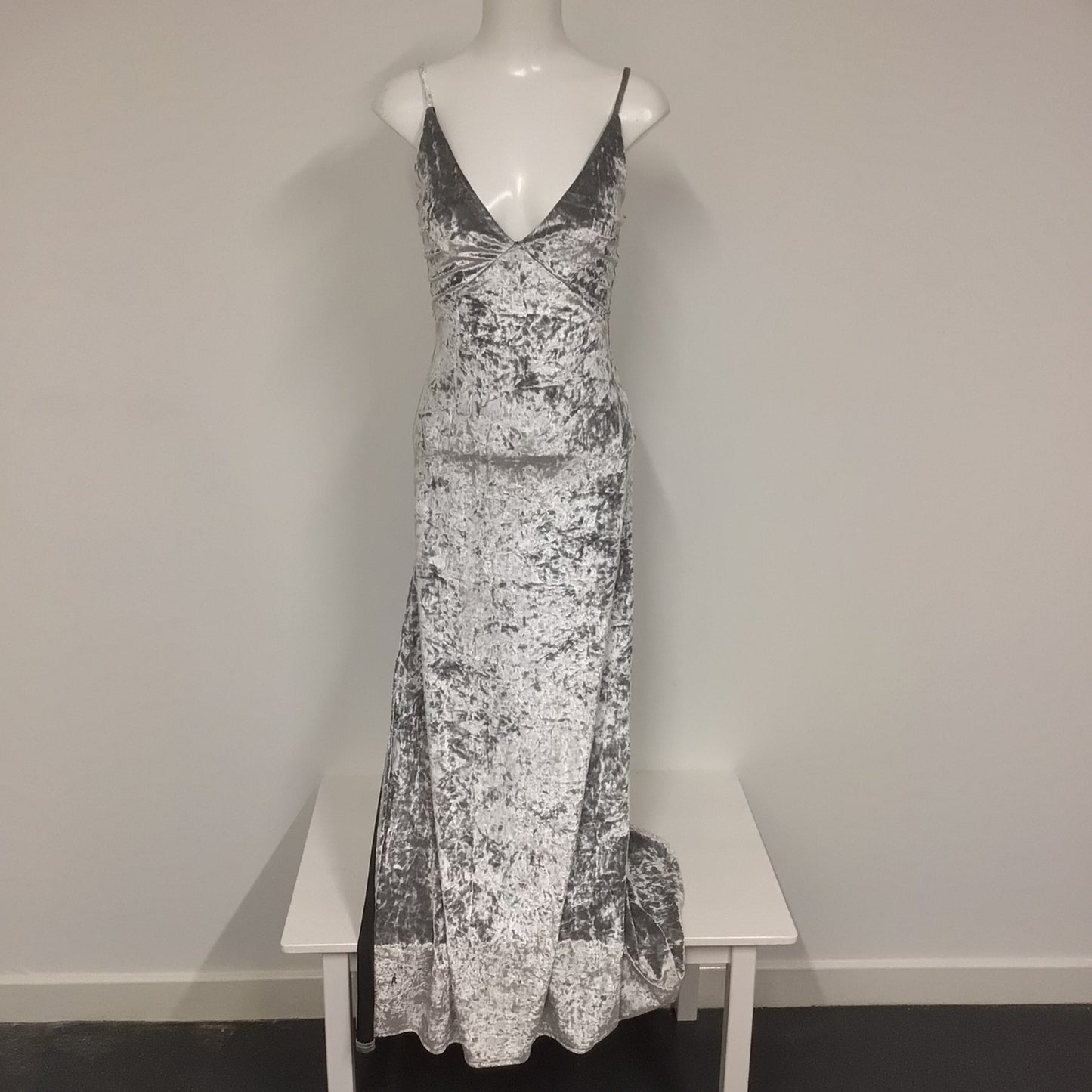 BNWT UO Sparkle & Fade Silver Velvet Long Strappy Dress w/High Slit Size XS