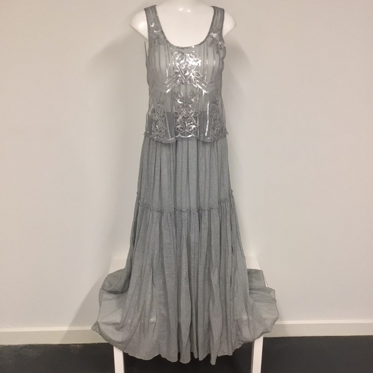 BNWT Ryu Silver & Grey Long Dress w/Sequins & Beads Size S