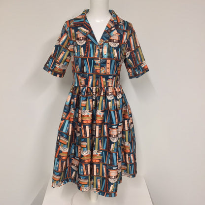 BNWT Lindy Bop Multicoloured Bletchley Bookcase Print Dress Size 12