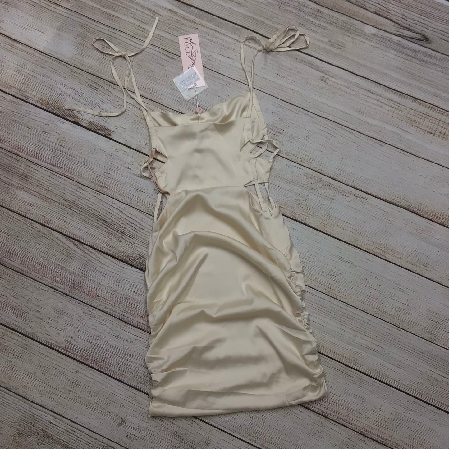 BNWT Oh Polly Ivory Ruched Dress w/Tie Straps & Cut Out Size 8