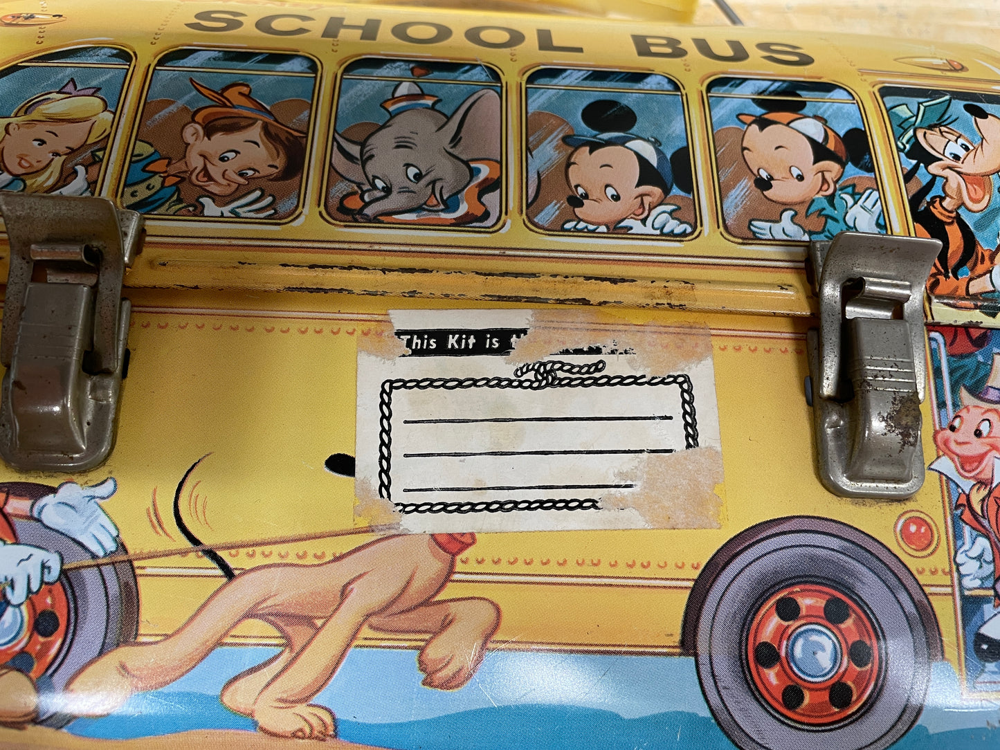 Vintage Walt Disney School Bus Metal Lunchbox with Plastic Aladdin Flask