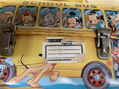 Vintage Walt Disney School Bus Metal Lunchbox with Plastic Aladdin Flask