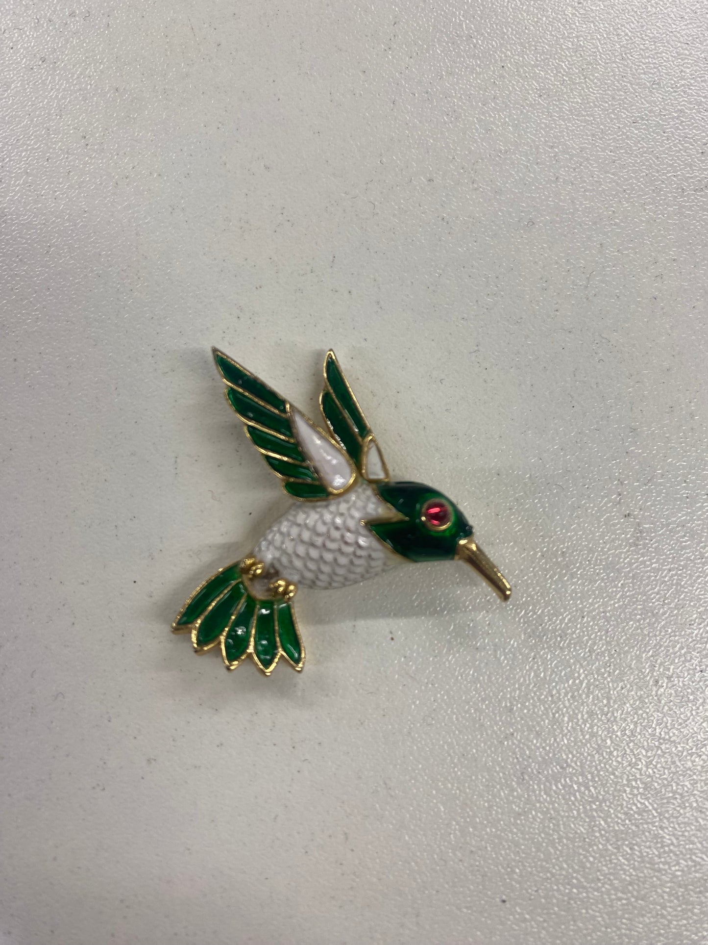 Crown Trifari Hummingbird Gold, Green and White Brooch 1.5 inches