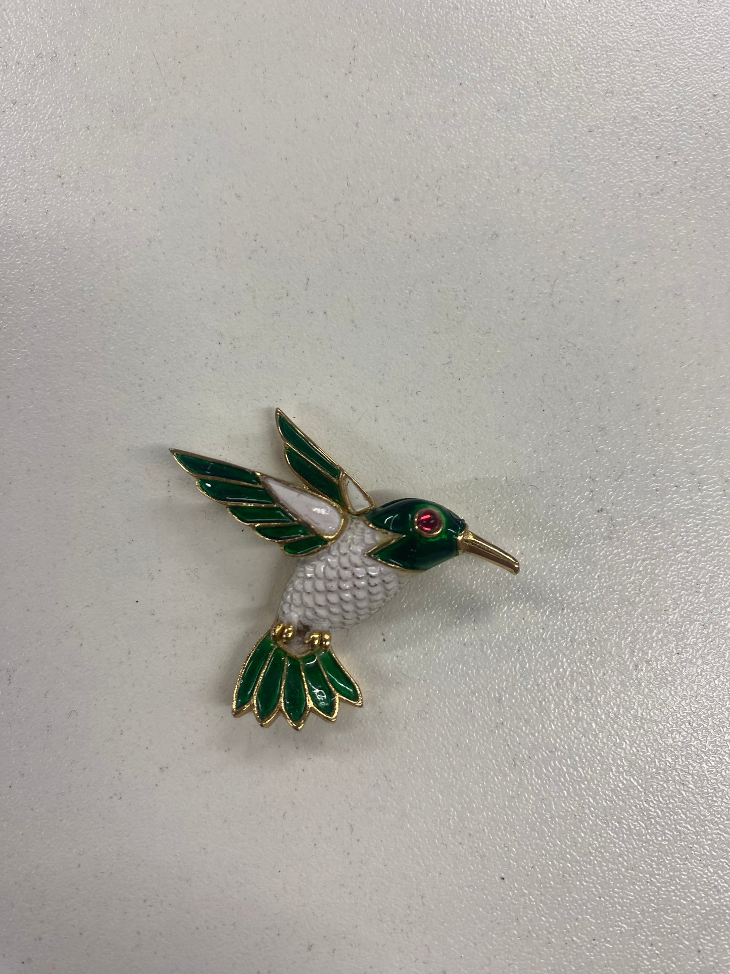 Crown Trifari Hummingbird Gold, Green and White Brooch 1.5 inches