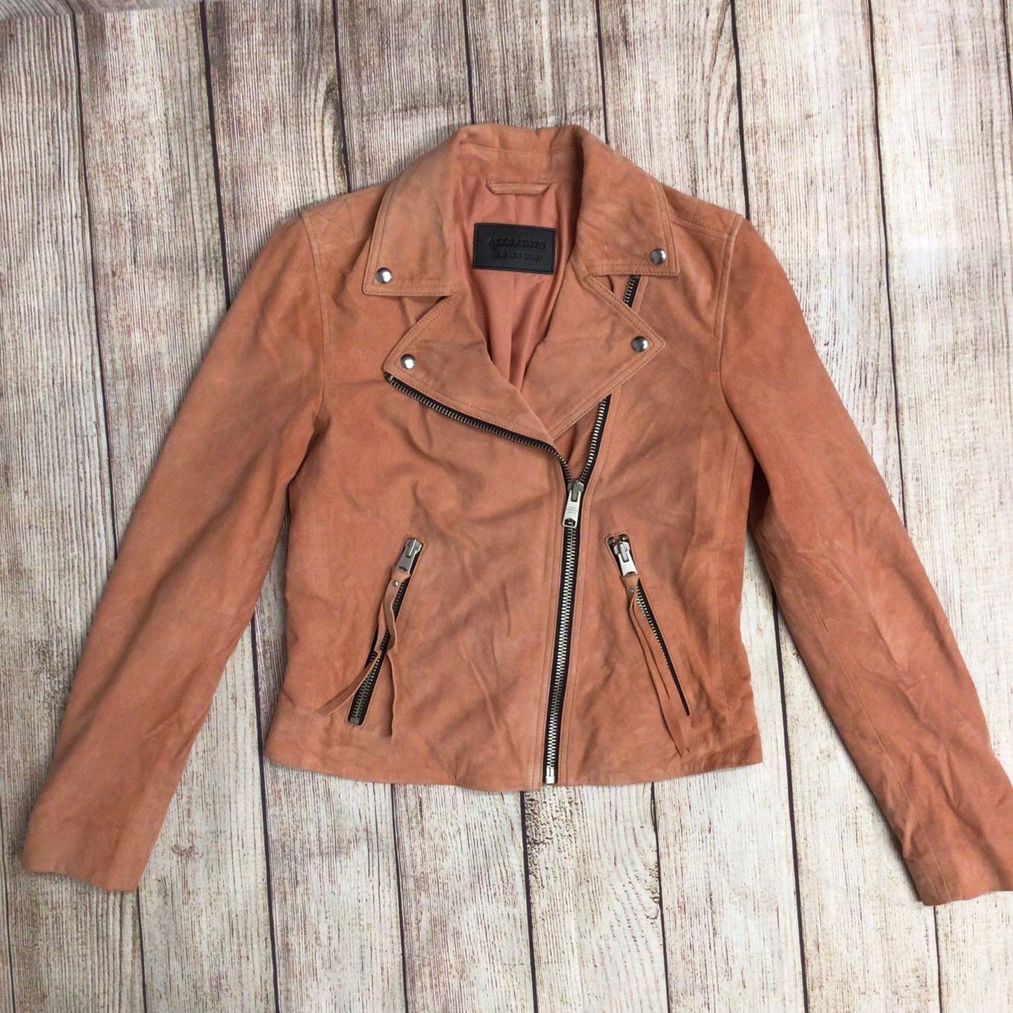 AllSaints Rose Pink Suede Leather Dalby Biker Jacket Size 10