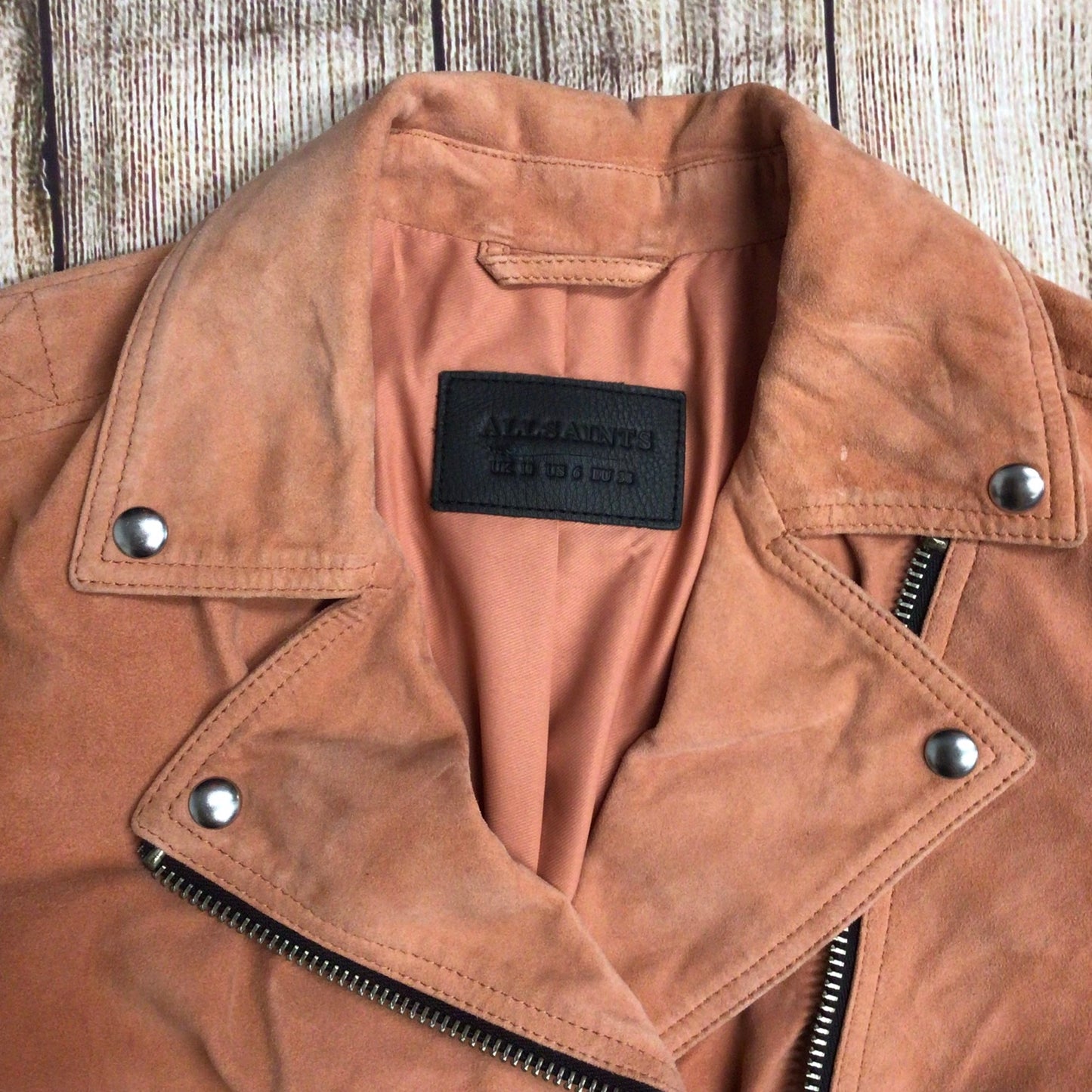 AllSaints Rose Pink Suede Leather Dalby Biker Jacket Size 10