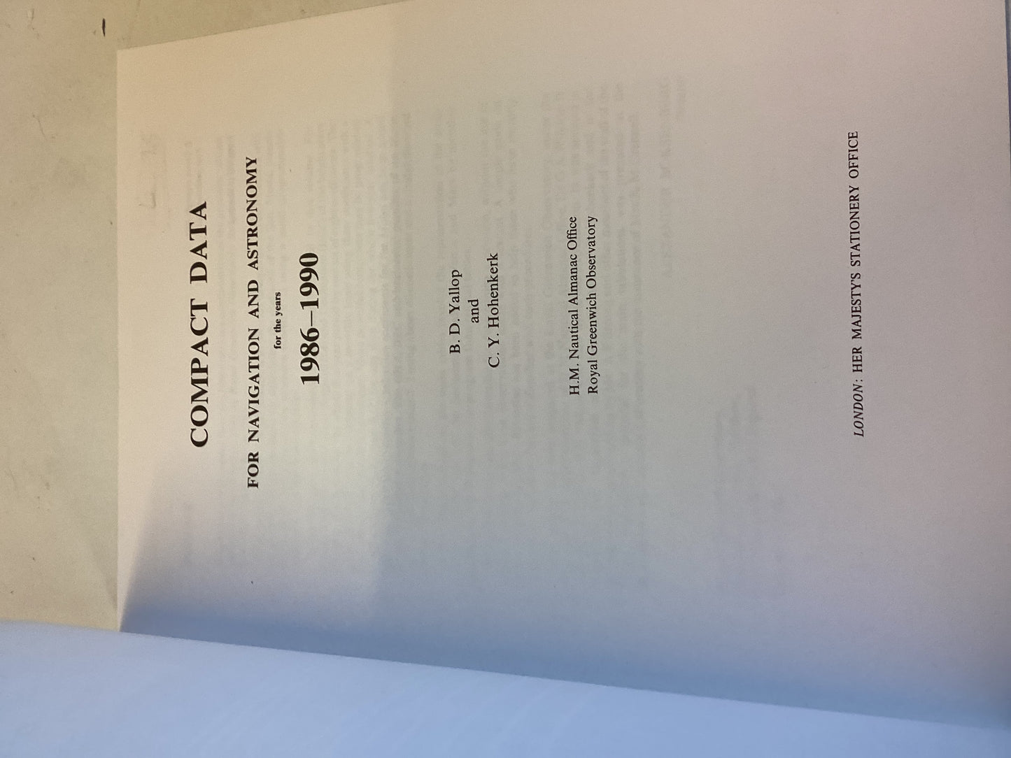 Compact Data For Navigation and Astronomy For The Years 1986 - 1990 B D Yallop and C Y Hohenkerk