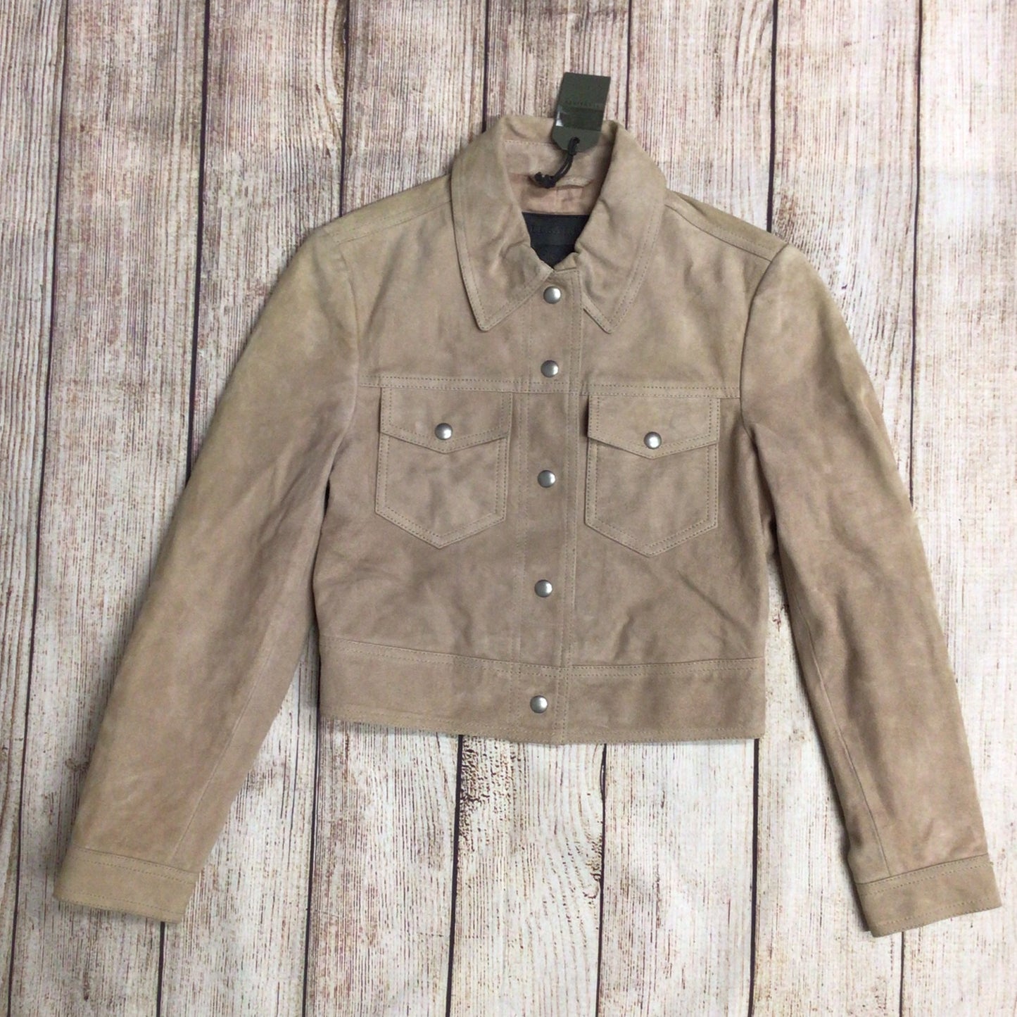 BNWT AllSaints Beige Suede Leather Lavelles Crop Jacket Size 6 UK