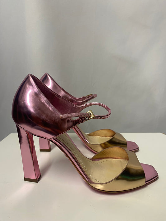 Christian Dior Pink and Gold Metallic Open Toe Stilettos 3.5