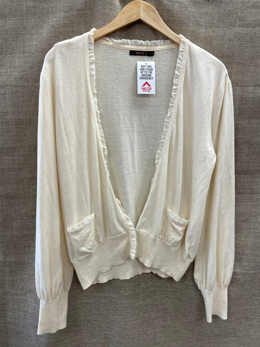 Reiss Cream Ruffle Pocket Detail Cotton Cashmere Long Sleeve Cardigan Large