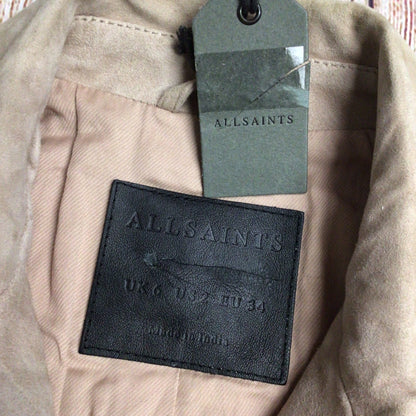 BNWT AllSaints Beige Suede Leather Lavelles Crop Jacket Size 6 UK