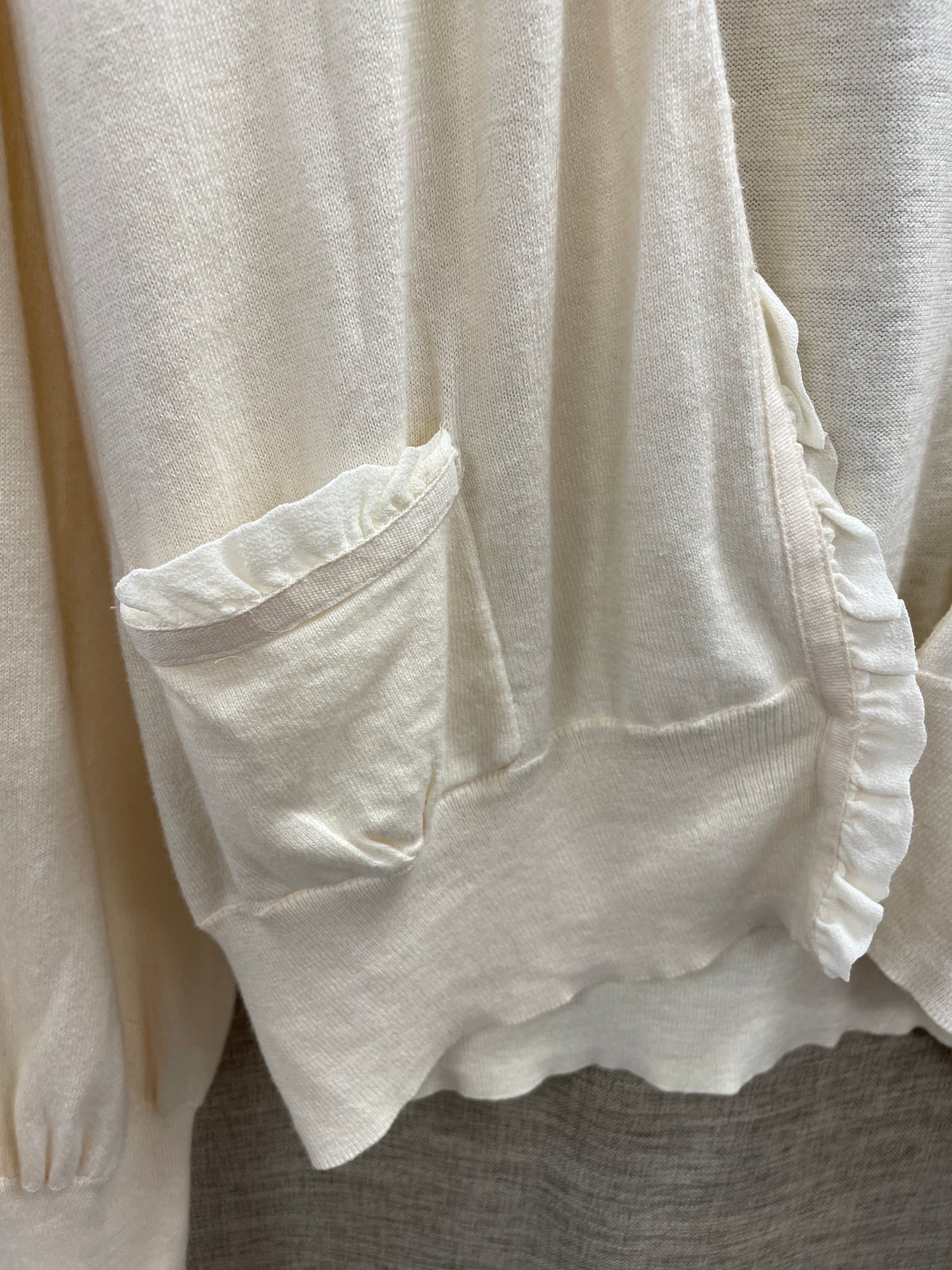 Reiss Cream Ruffle Pocket Detail Cotton Cashmere Long Sleeve Cardigan Large