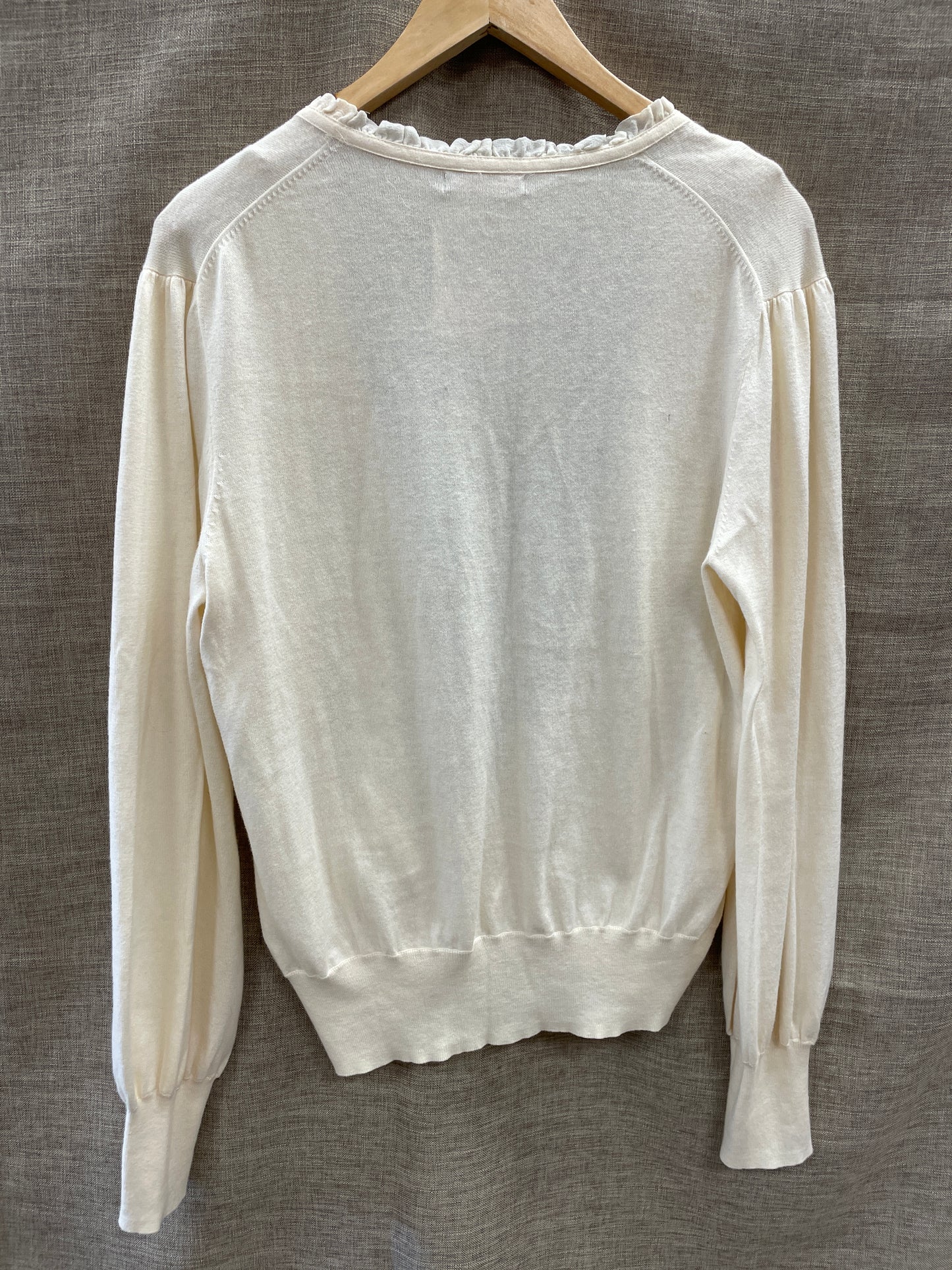Reiss Cream Ruffle Pocket Detail Cotton Cashmere Long Sleeve Cardigan Large