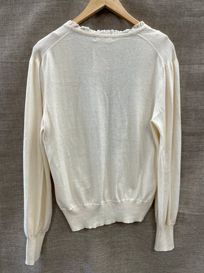 Reiss Cream Ruffle Pocket Detail Cotton Cashmere Long Sleeve Cardigan Large